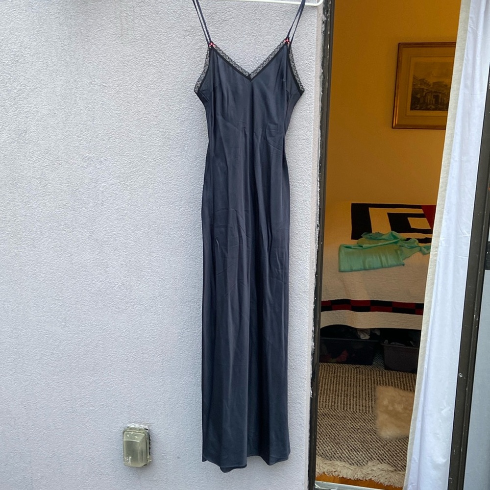 Morgan Lane Silk Maxi Slip Dress in Navy with black lace trim and pink rosettes